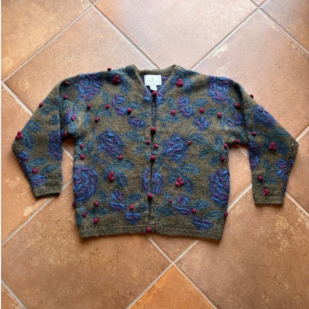 Express Tricot Vintage Mohair Blend 3-D Knit Cardigan Colorful Floral Cottage XS